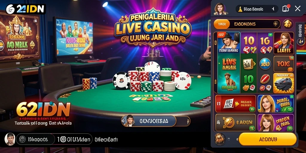 Screenshot gameplay 62IDN yang menampilkan dealer profesional dan suasana kasino.