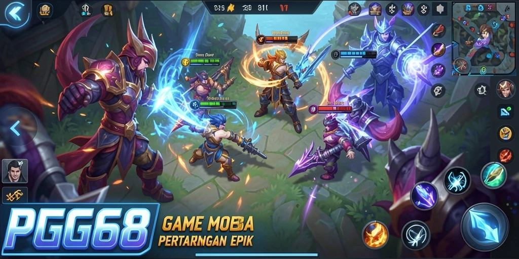 Tampilan gameplay PGG68 dengan pertempuran MOBA yang seru.