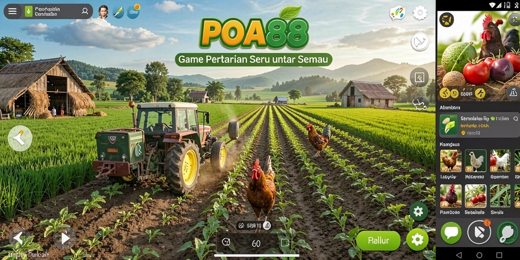 Gameplay POA88 menunjukkan kegiatan bertani dan merawat hewan ternak.